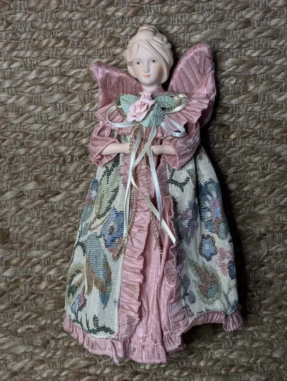 Vintage Pink Floral Christmas Angel Tree Topper Porcelain Beaded Holiday Decor